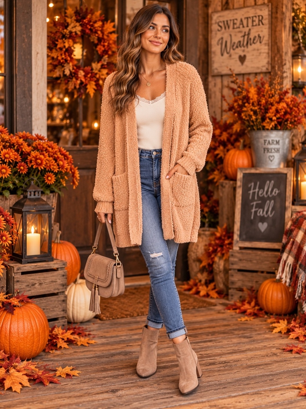 aerie Camel Cozy Open-Front Teddy Cardigan